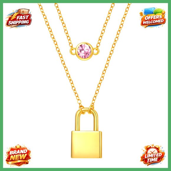 14K Gold Layered Lock Necklace with Birthstone Pendant Elegant Minimal Jewelry